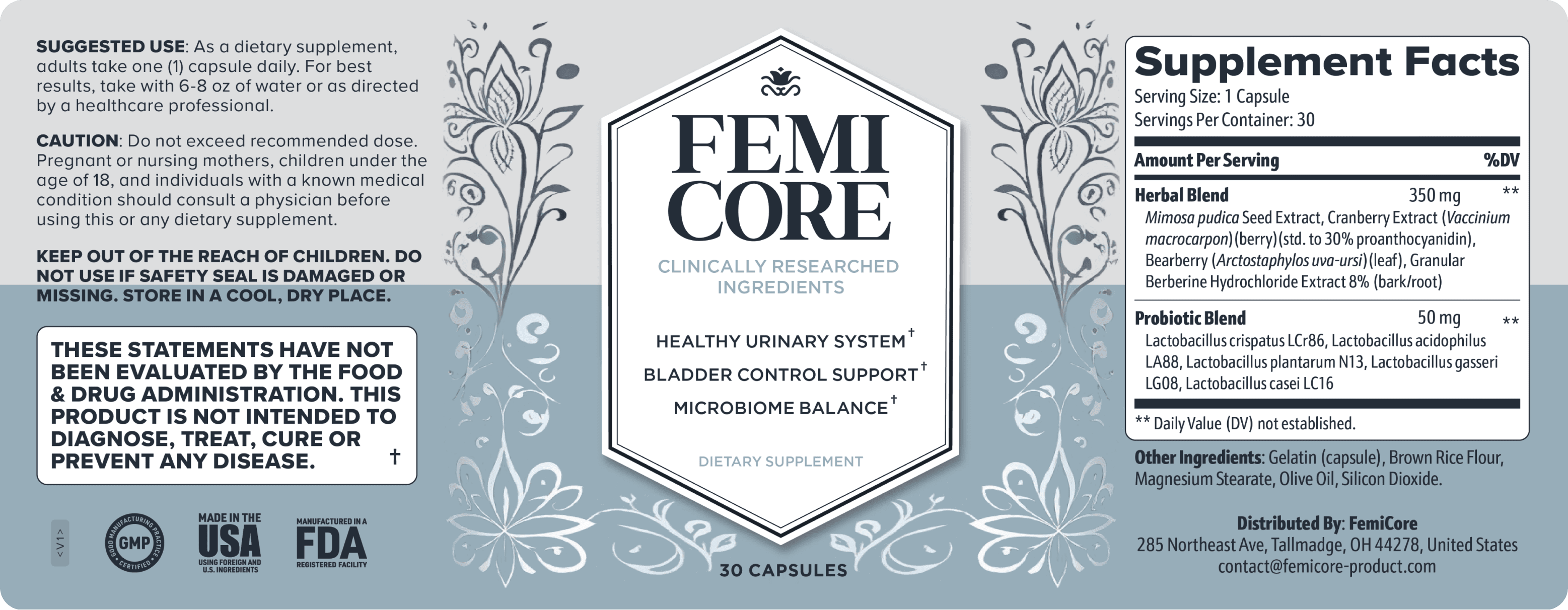 FemiCore Supplement Facts label